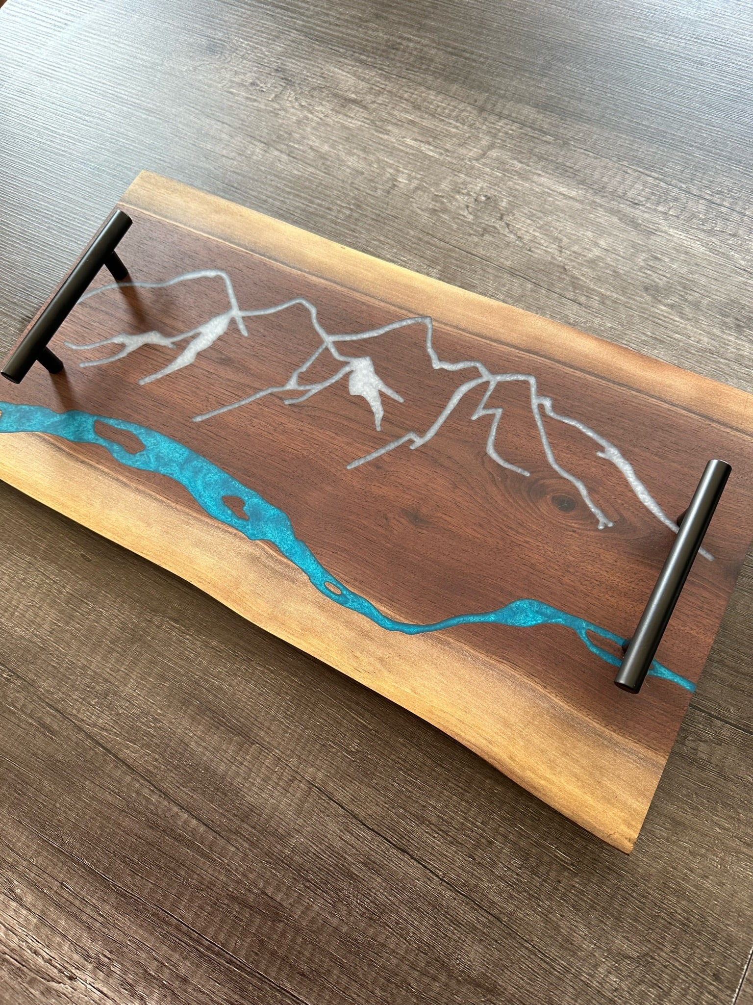 Grand Tetons Mountain River Charcuterie Epoxy and Black Walnut Double Live Edge Serving Tray