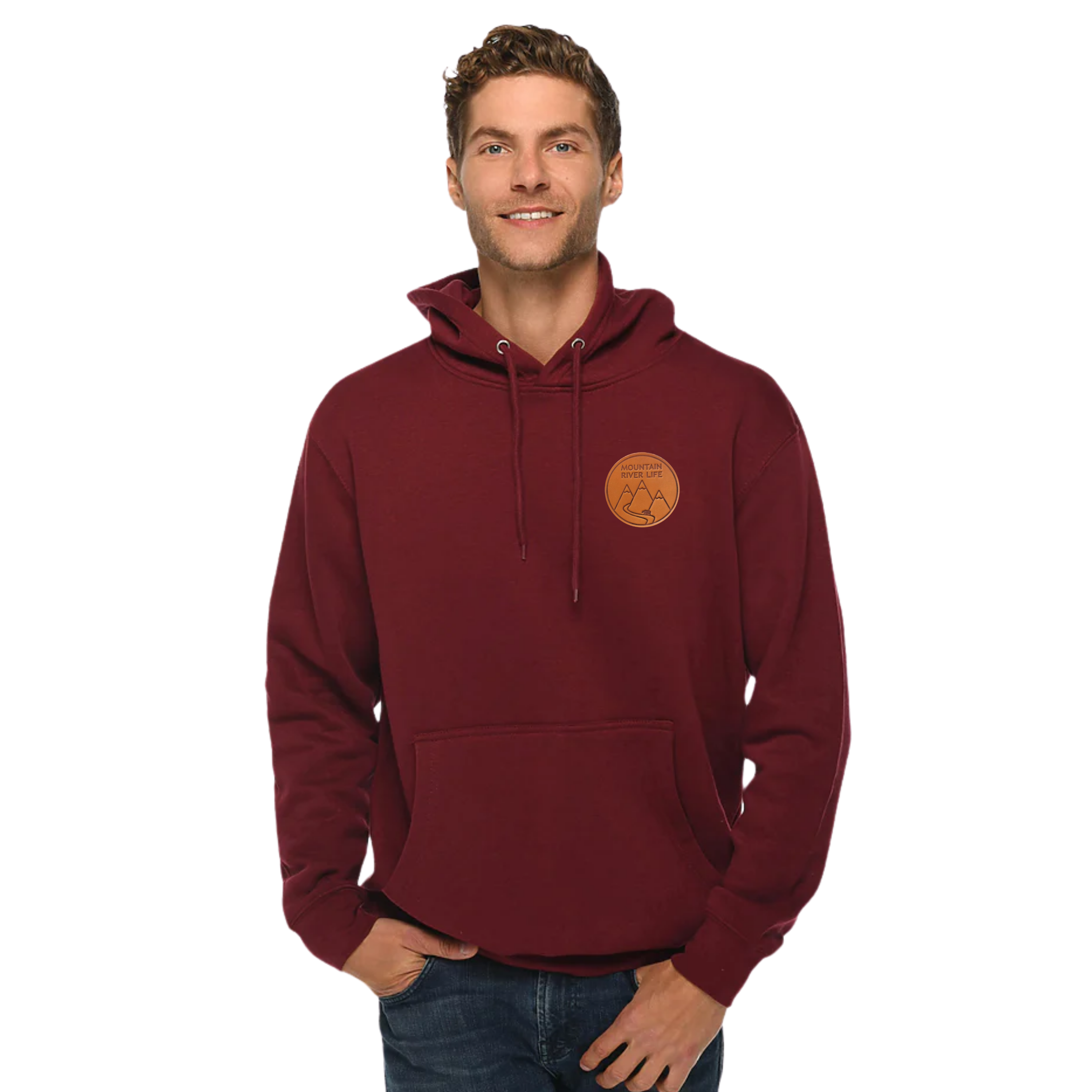 Mountain River Life Leather Patch Hoodie