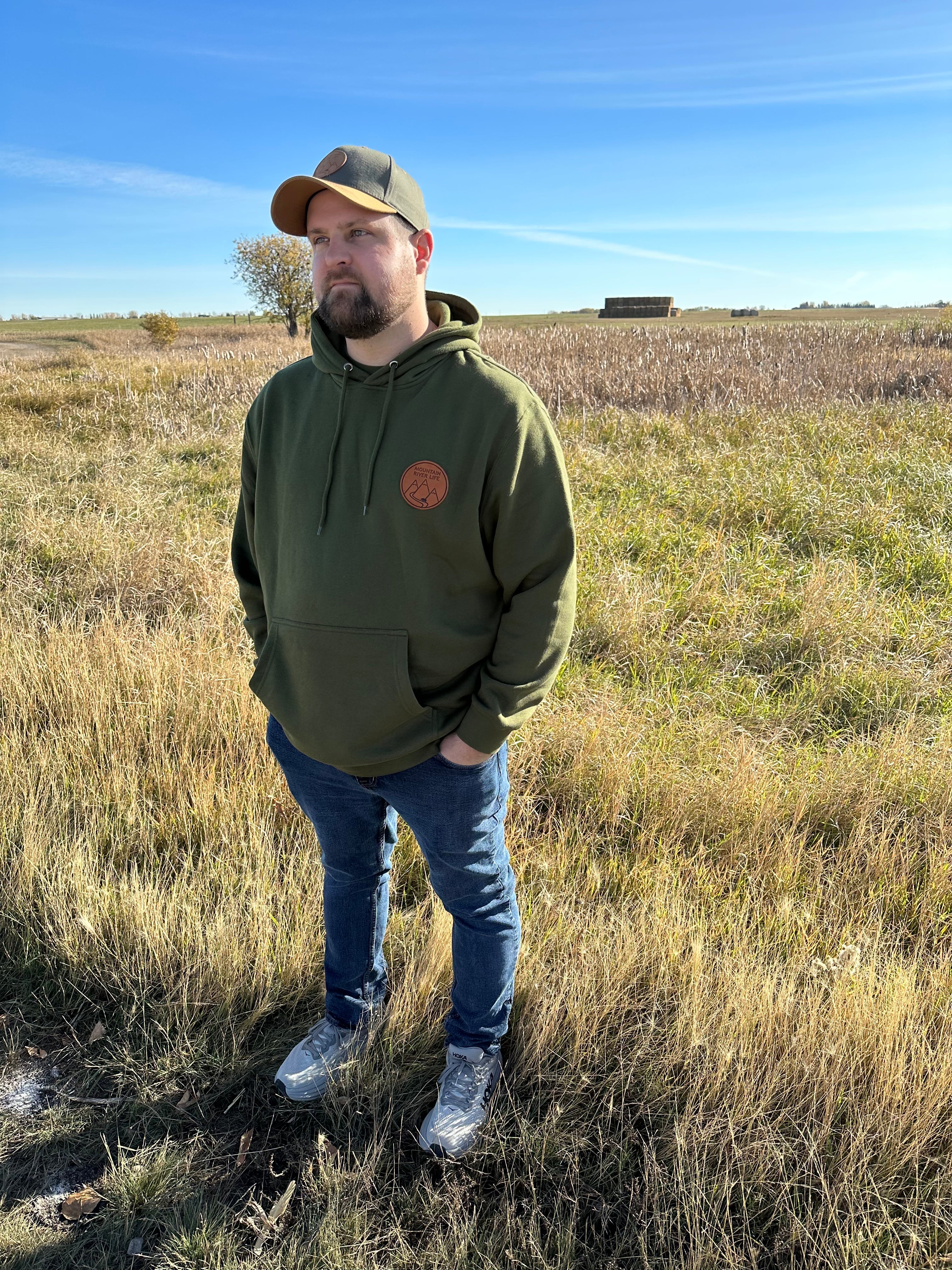 Mountain River Life Leather Patch Hoodie