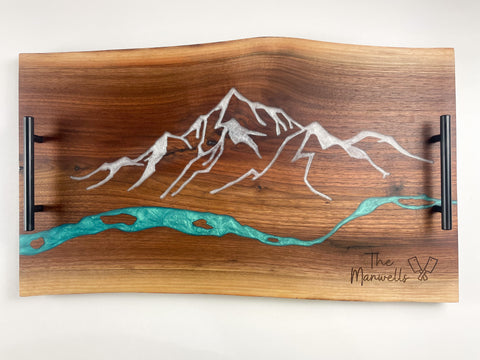 Mountain River Serving Tray - Epoxy and Black Walnut Double Live Edge