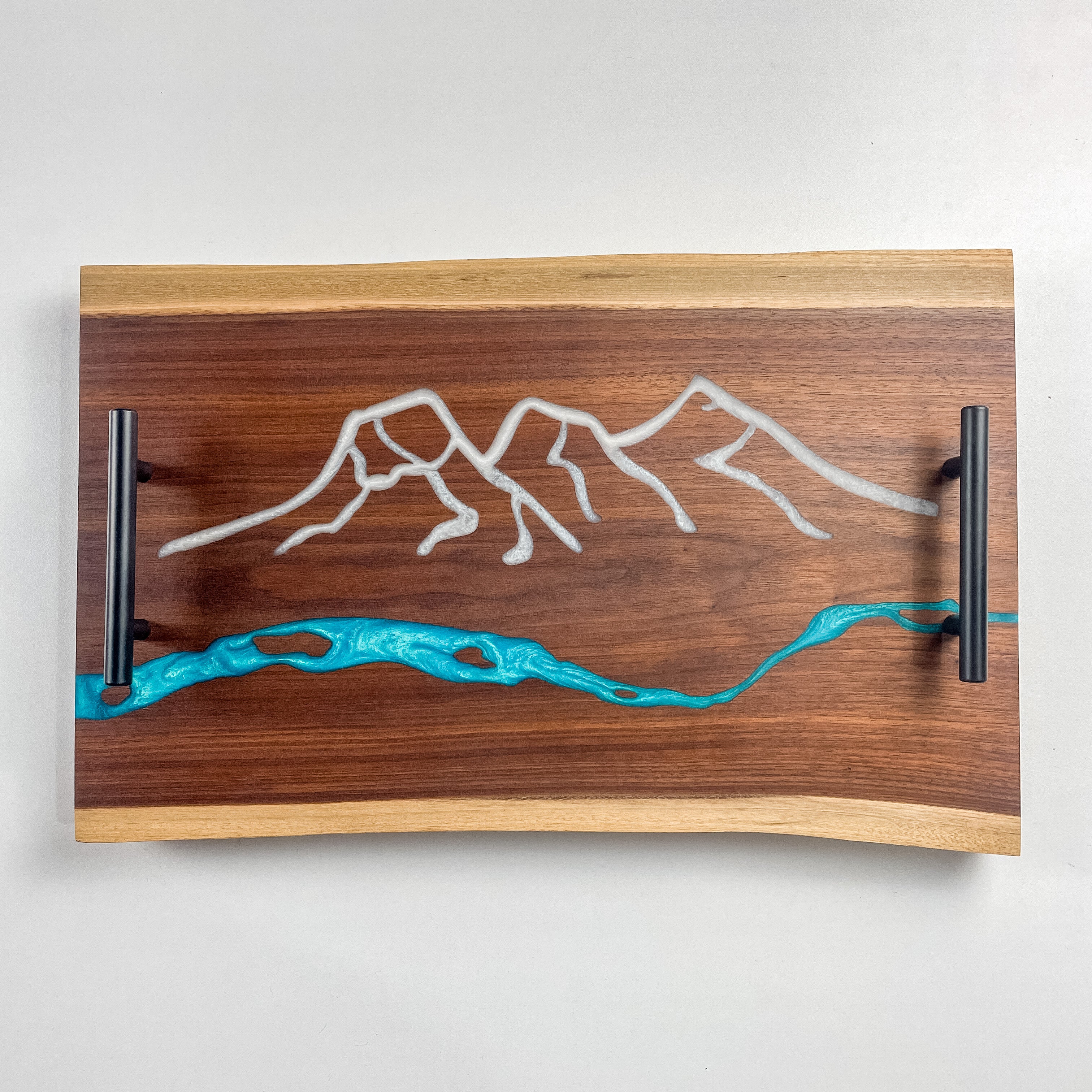 3 Sisters Mountain River Charcuterie Epoxy and Black Walnut Double Live Edge Serving Tray