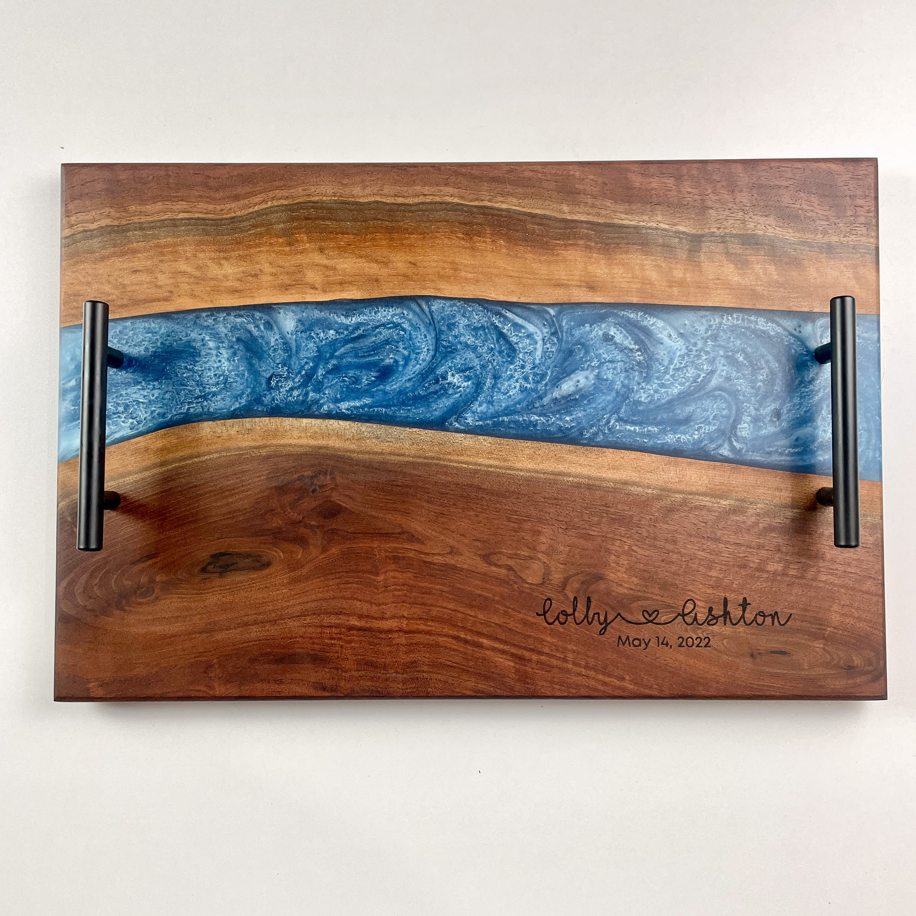 Large Personalized Black Walnut & Epoxy Live Edge Serving Board With Handles (In Stock)