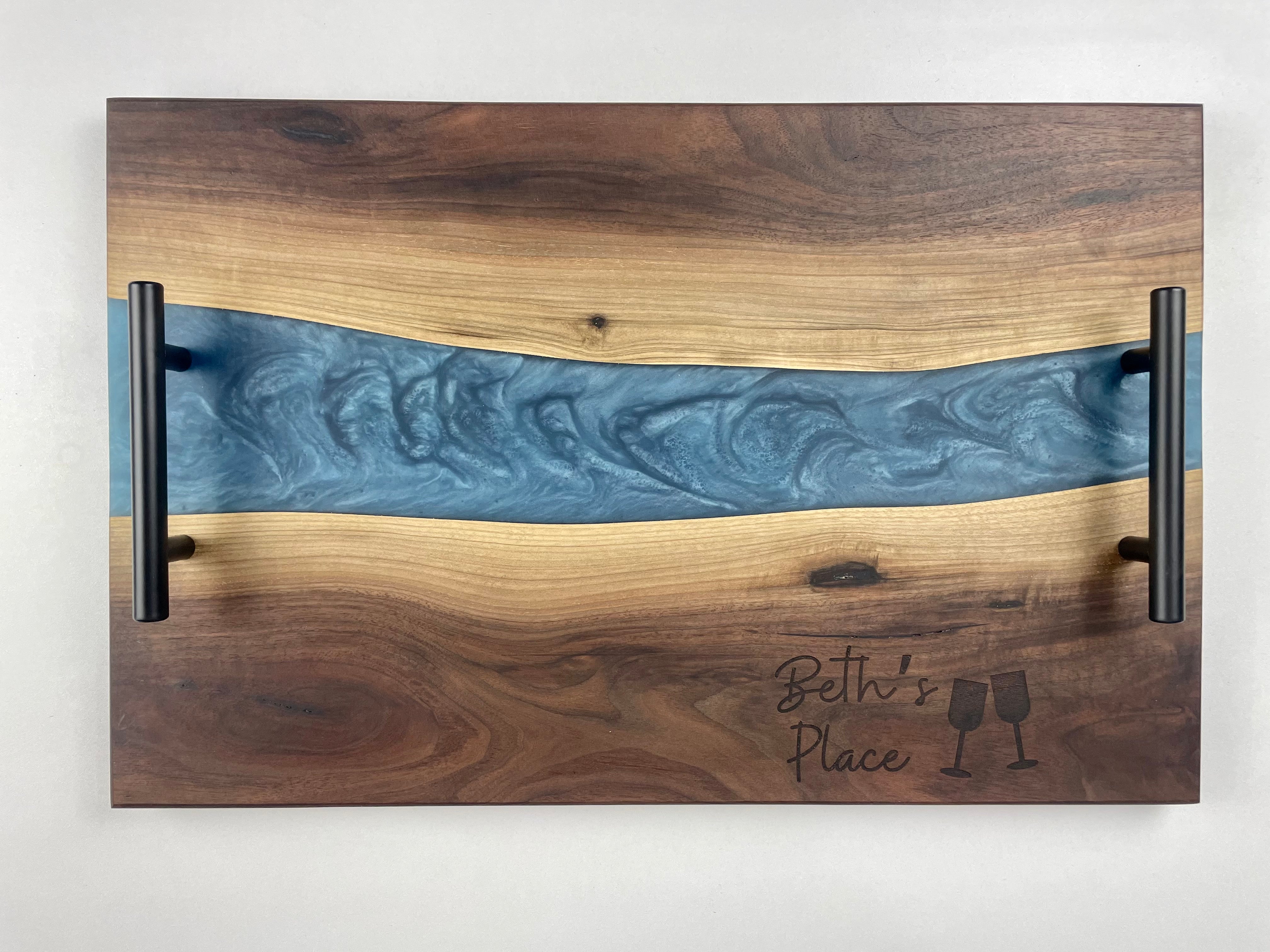 Large Personalized Black Walnut & Epoxy Live Edge Serving Board With Handles (In Stock)