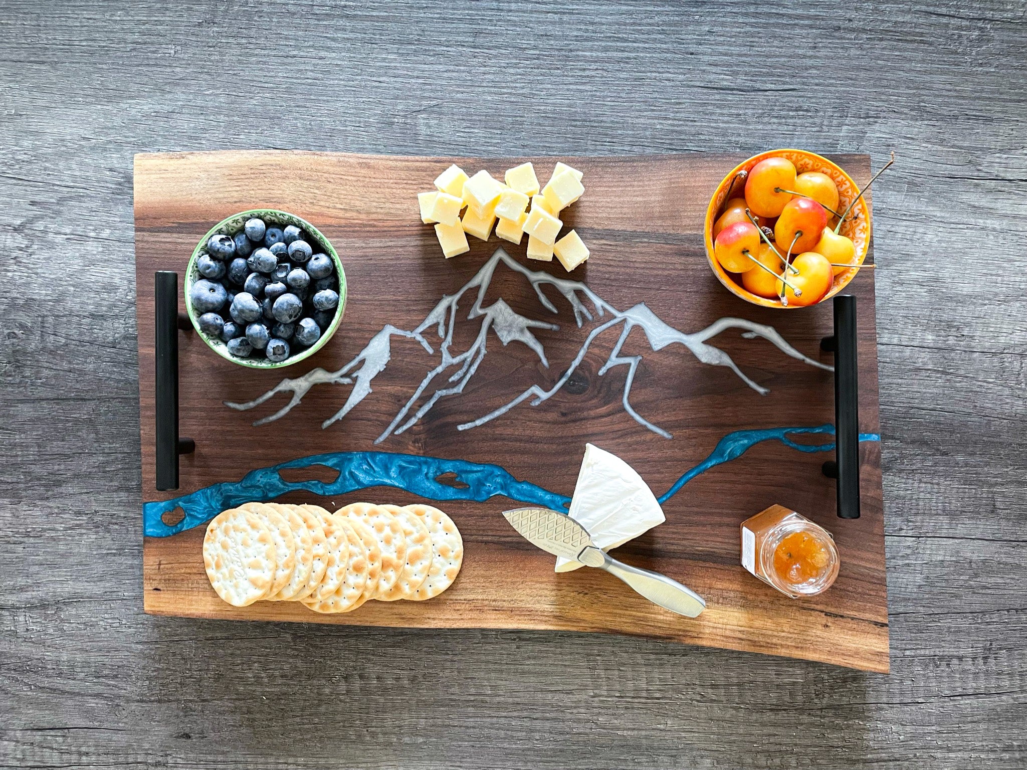 Mountain River Charcuterie Epoxy and Black Walnut Double Live Edge Serving Tray