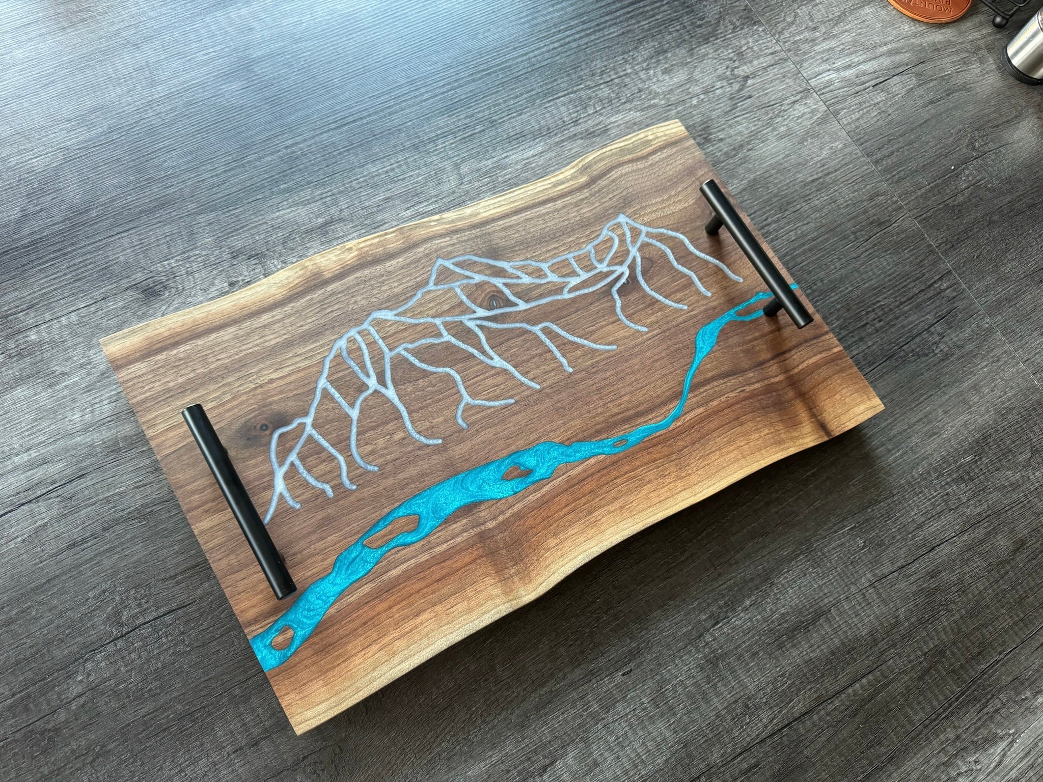 Edith Cavell Mountain River Charcuterie Epoxy and Black Walnut Double Live Edge Serving Tray