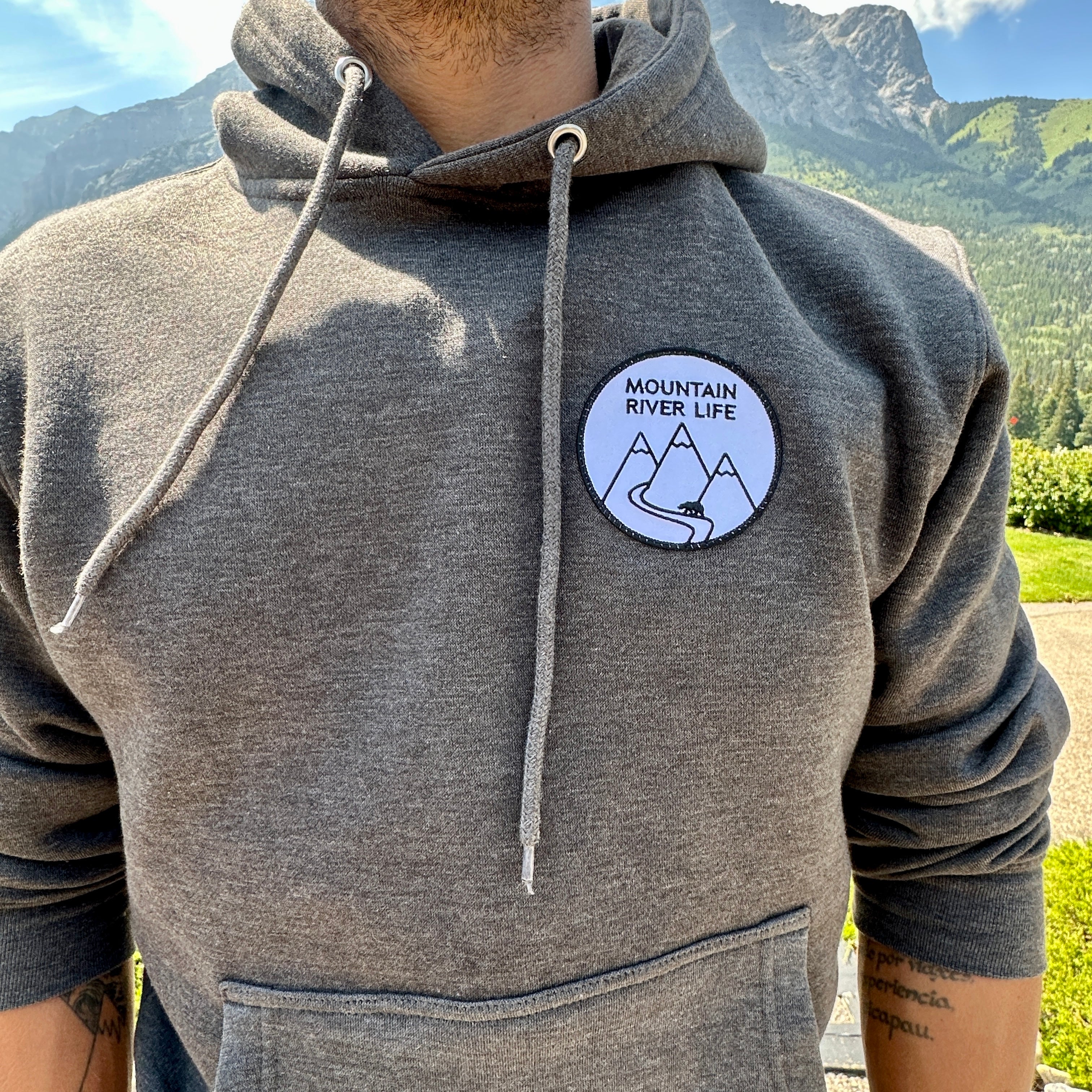 Mountain River Life Woven Patch Hoodie