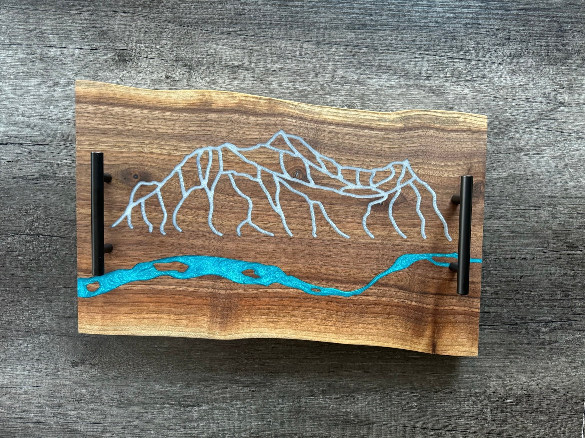 Edith Cavell Mountain River Charcuterie Epoxy and Black Walnut Double Live Edge Serving Tray