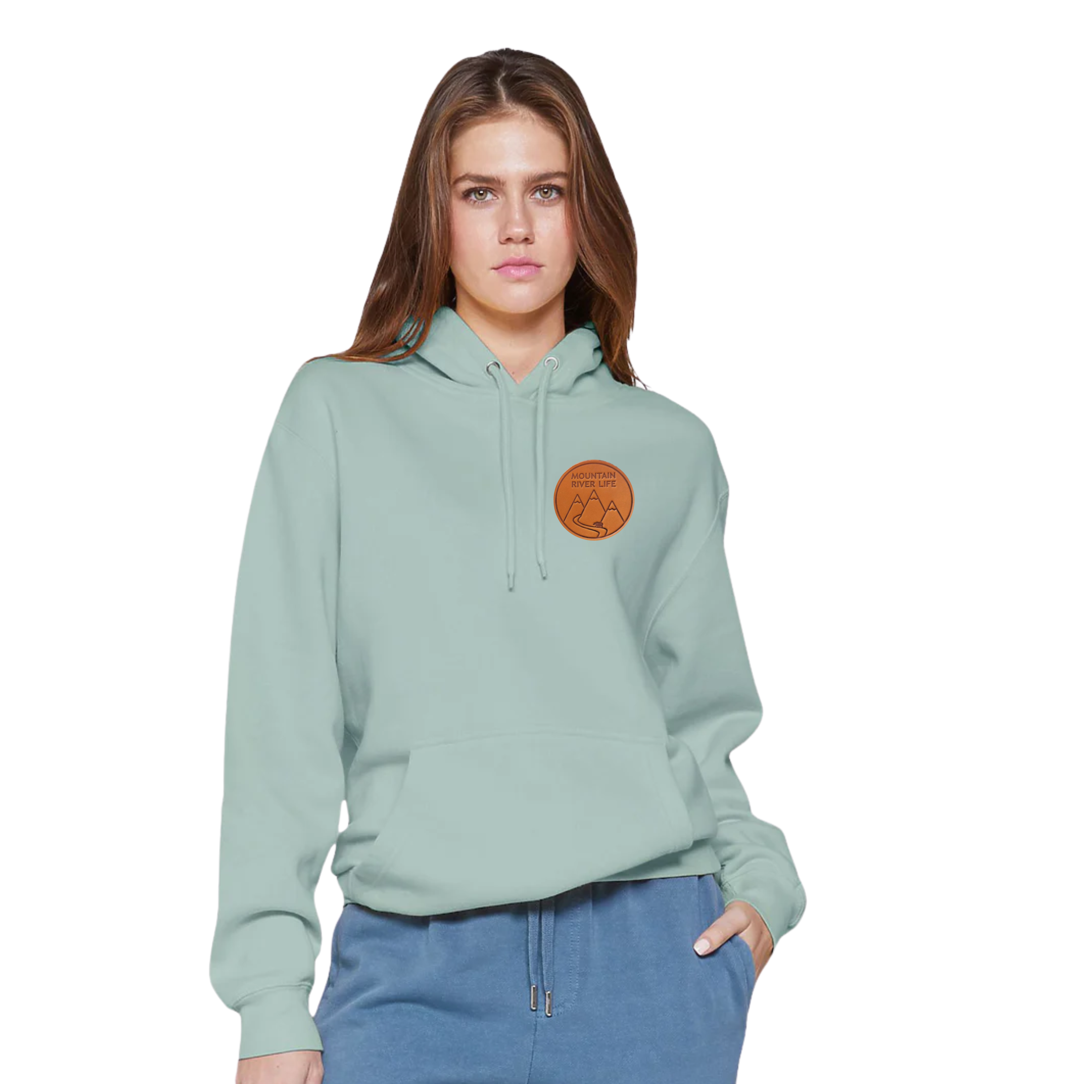 Mountain River Life Leather Patch Hoodie