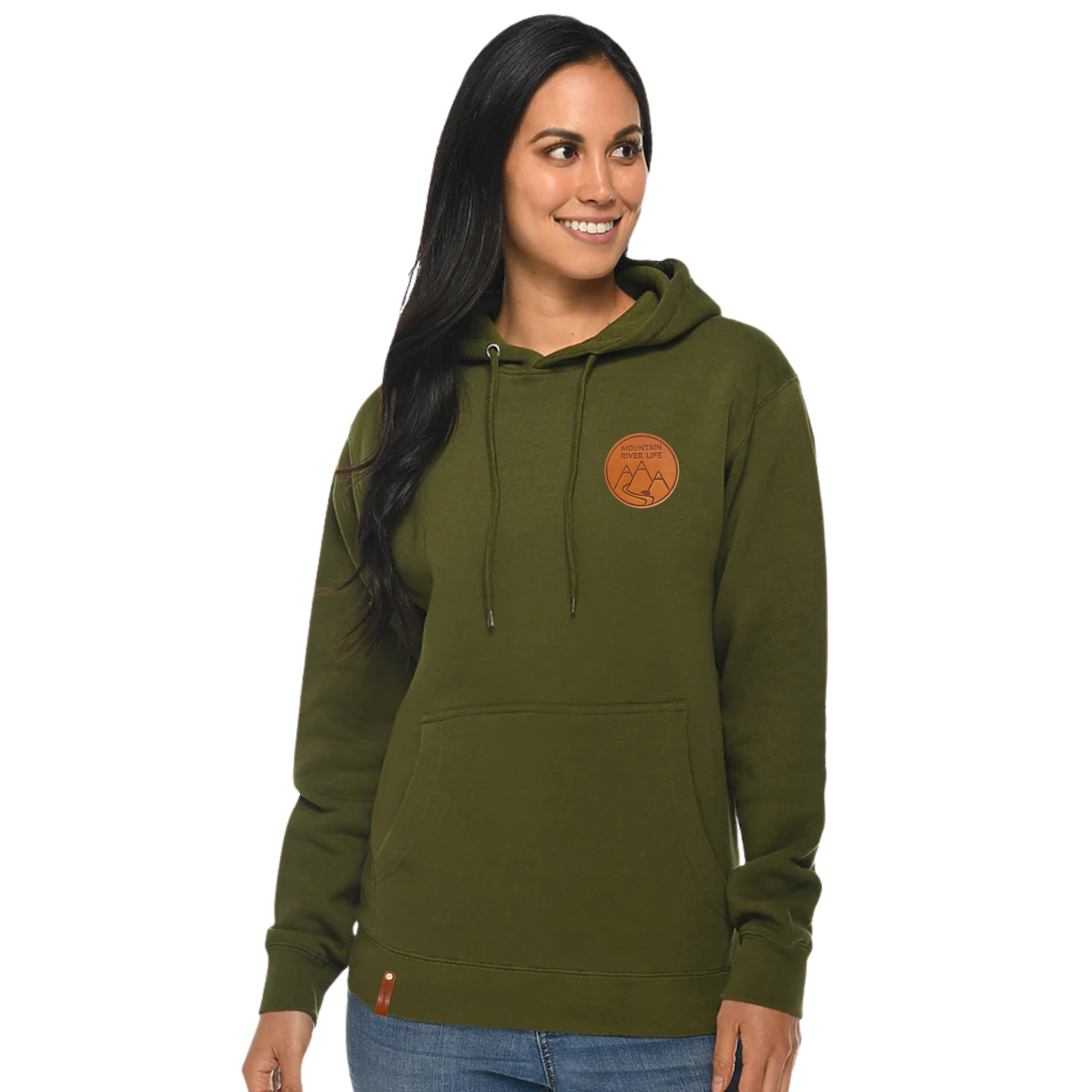 Mountain River Life Leather Patch Hoodie