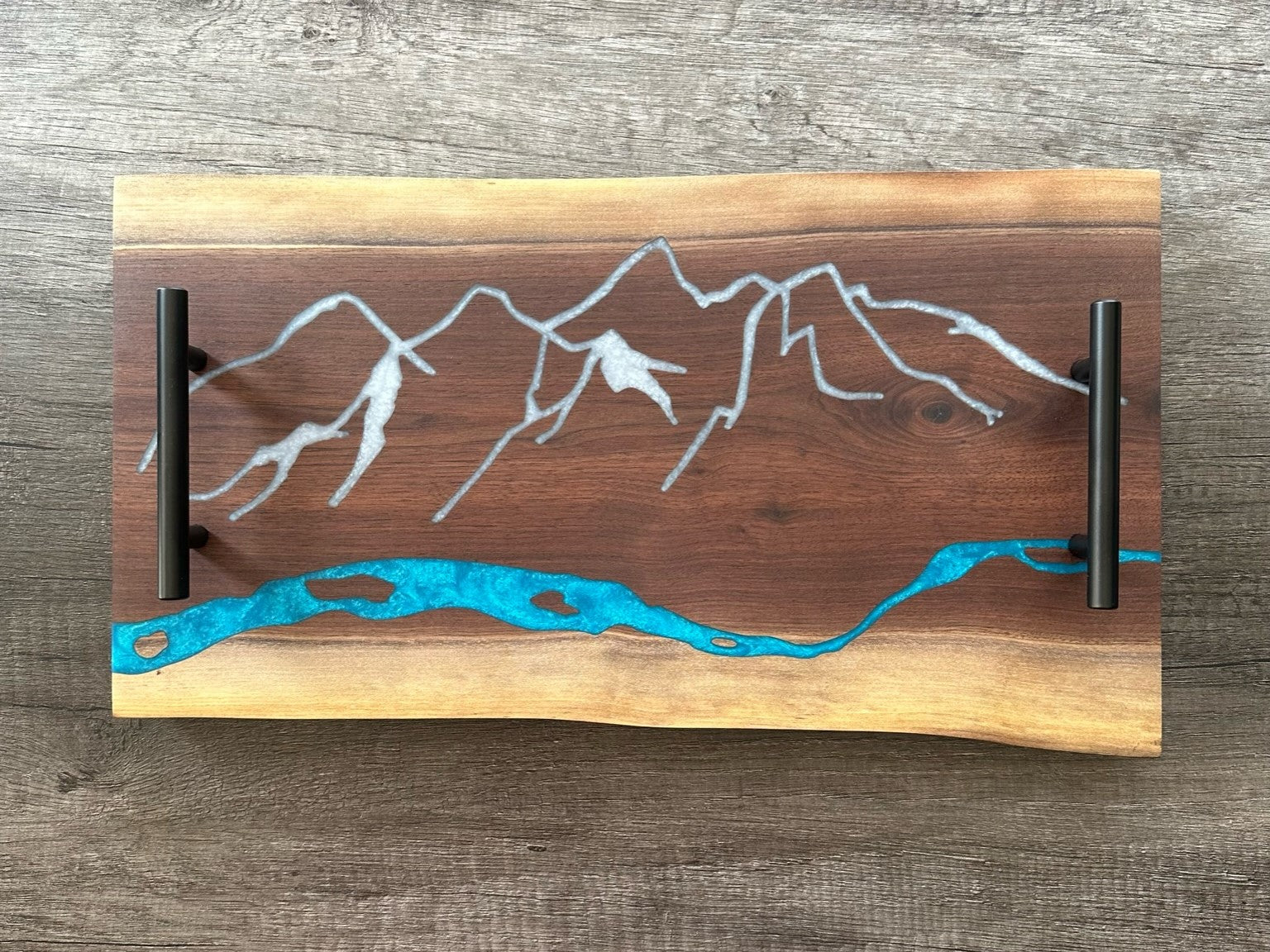 Grand Tetons Mountain River Charcuterie Epoxy and Black Walnut Double Live Edge Serving Tray