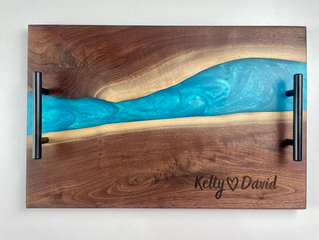 Large Personalized Black Walnut & Epoxy Live Edge Serving Board With Handles (In Stock)