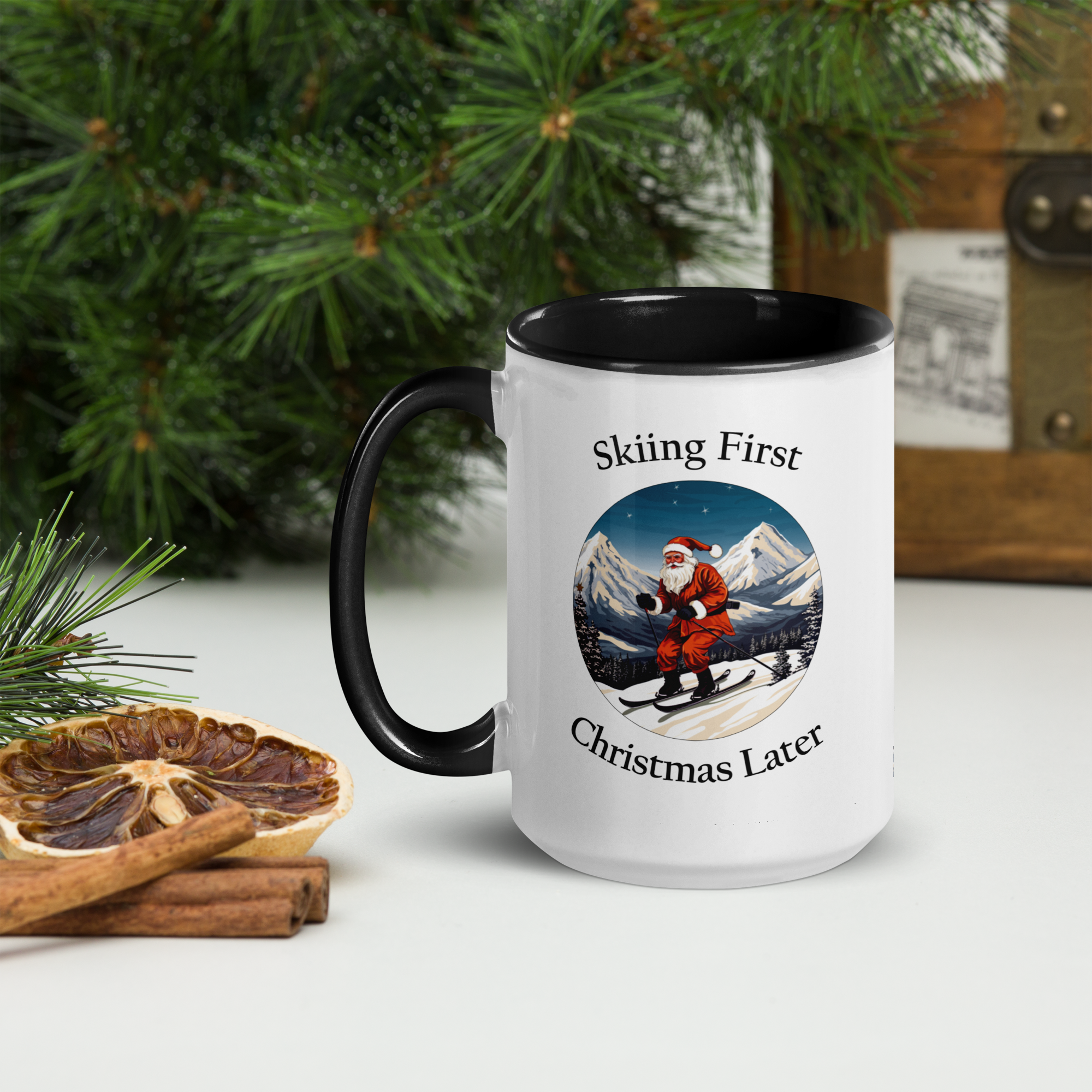 Large Skiing First, Christmas Later Coffee Mug with Black Inside