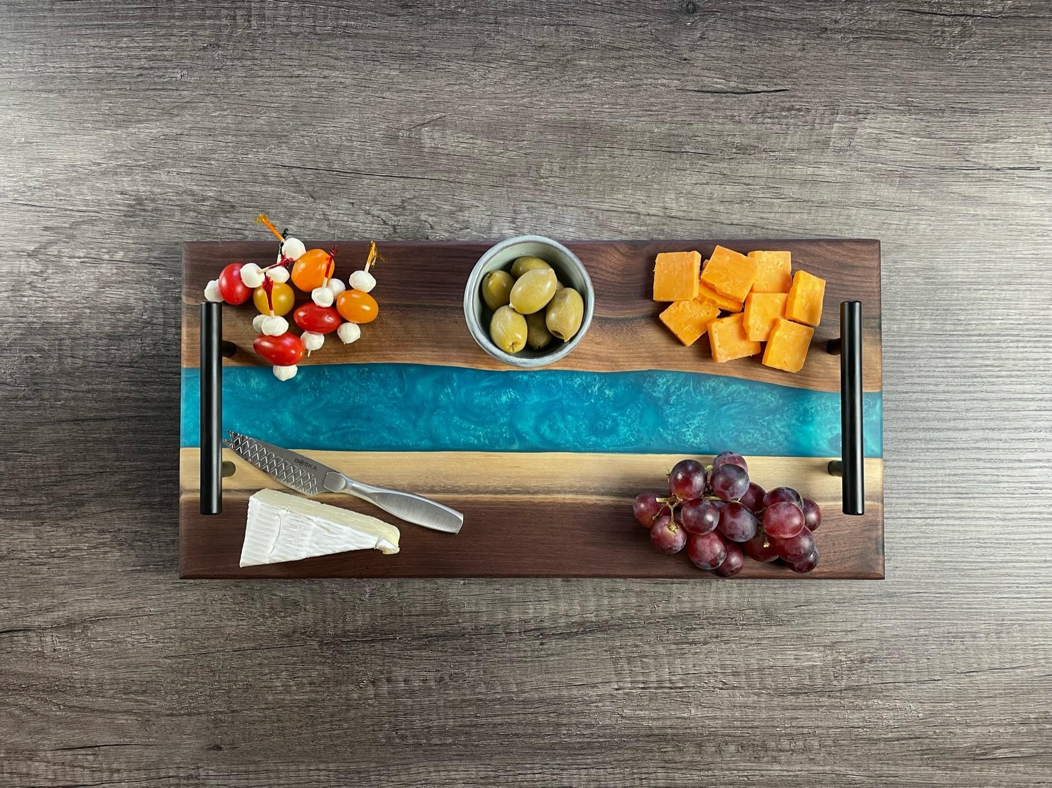 Personalized Black Walnut & Epoxy Live Edge Serving Board With Handles