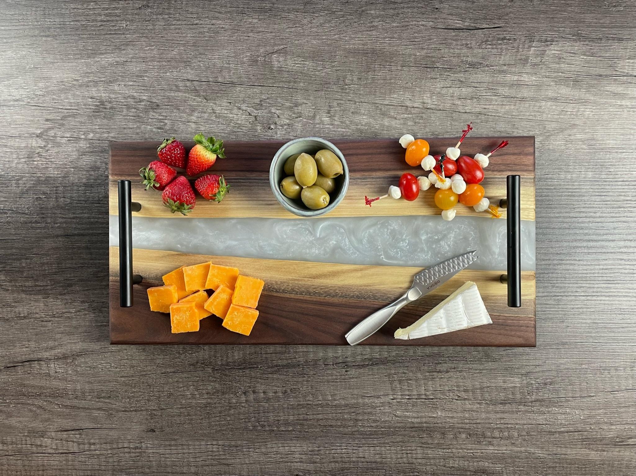 Personalized Black Walnut & Epoxy Live Edge Serving Board With Handles