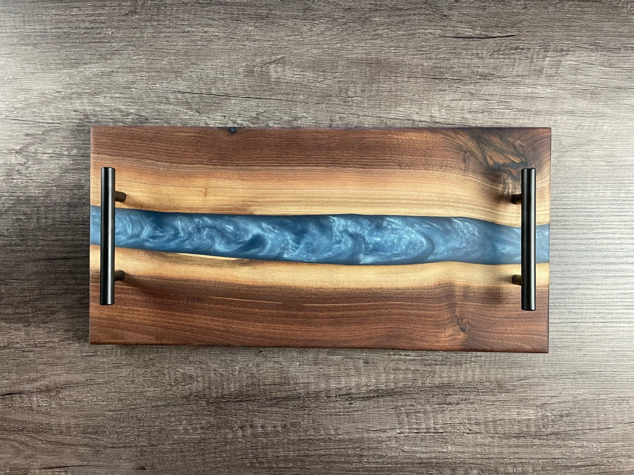 Personalized Black Walnut & Epoxy Live Edge Serving Board With Handles