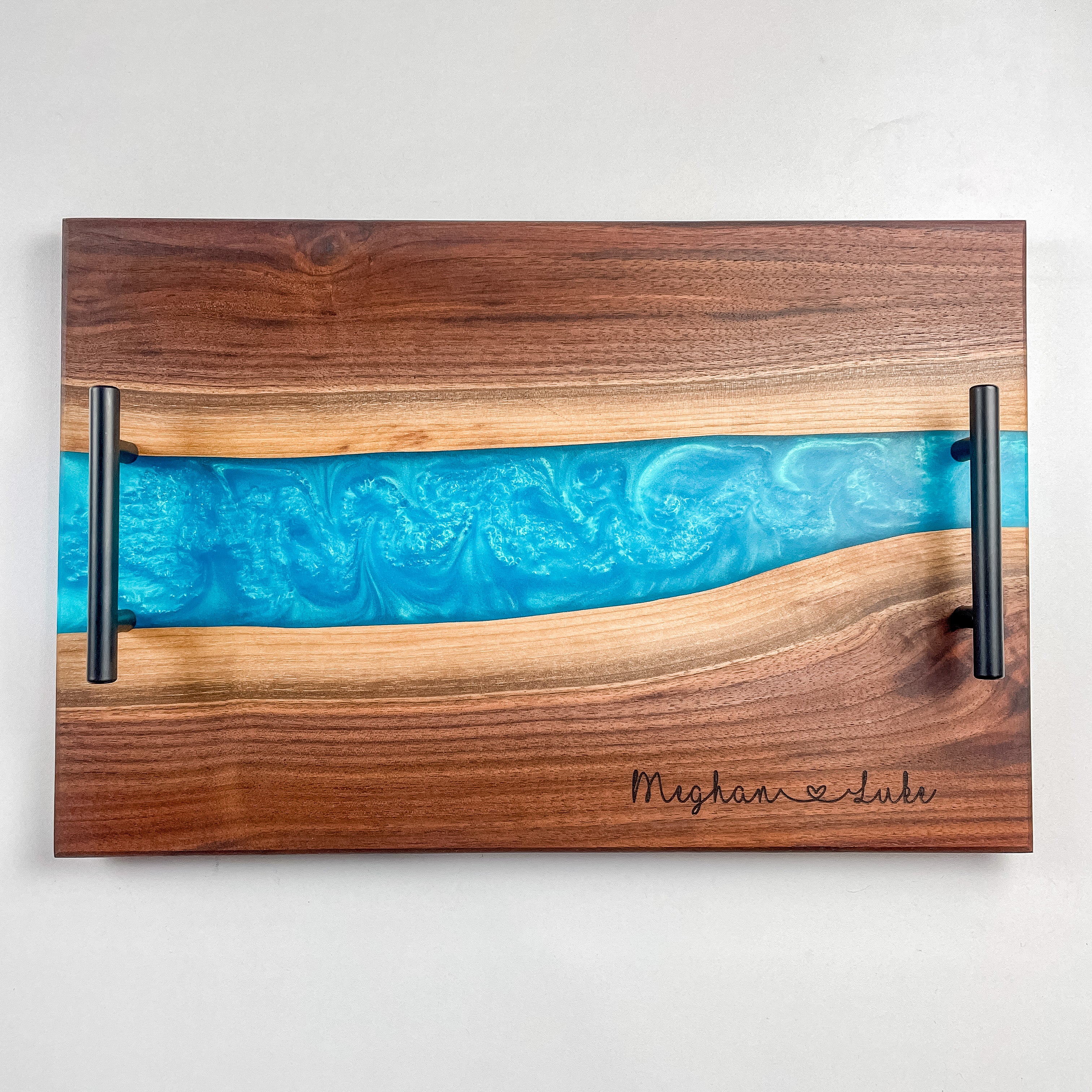 Large Personalized Black Walnut & Epoxy Live Edge Serving Board With Handles (In Stock)