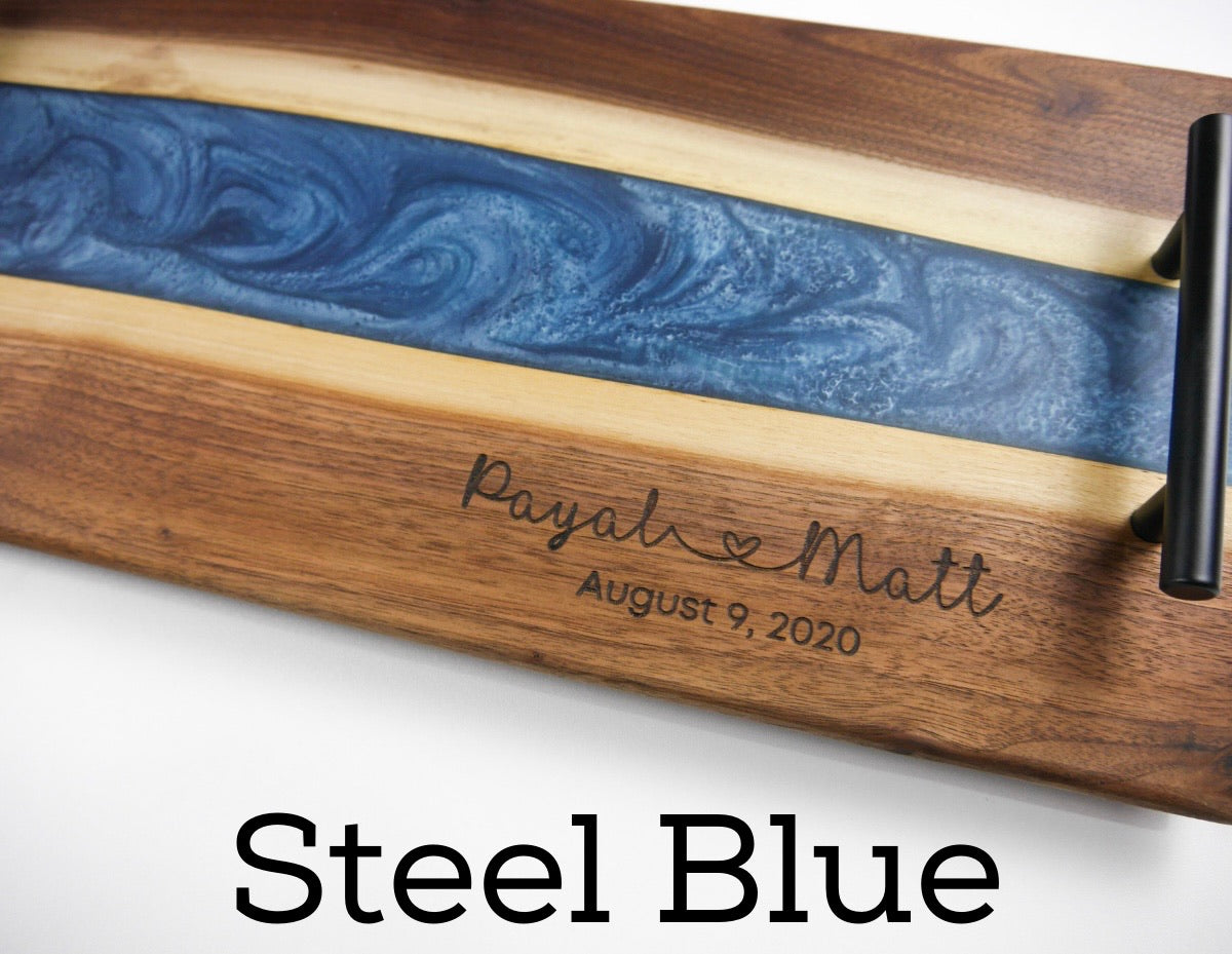 Personalized Black Walnut & Epoxy Live Edge Serving Board With Handles