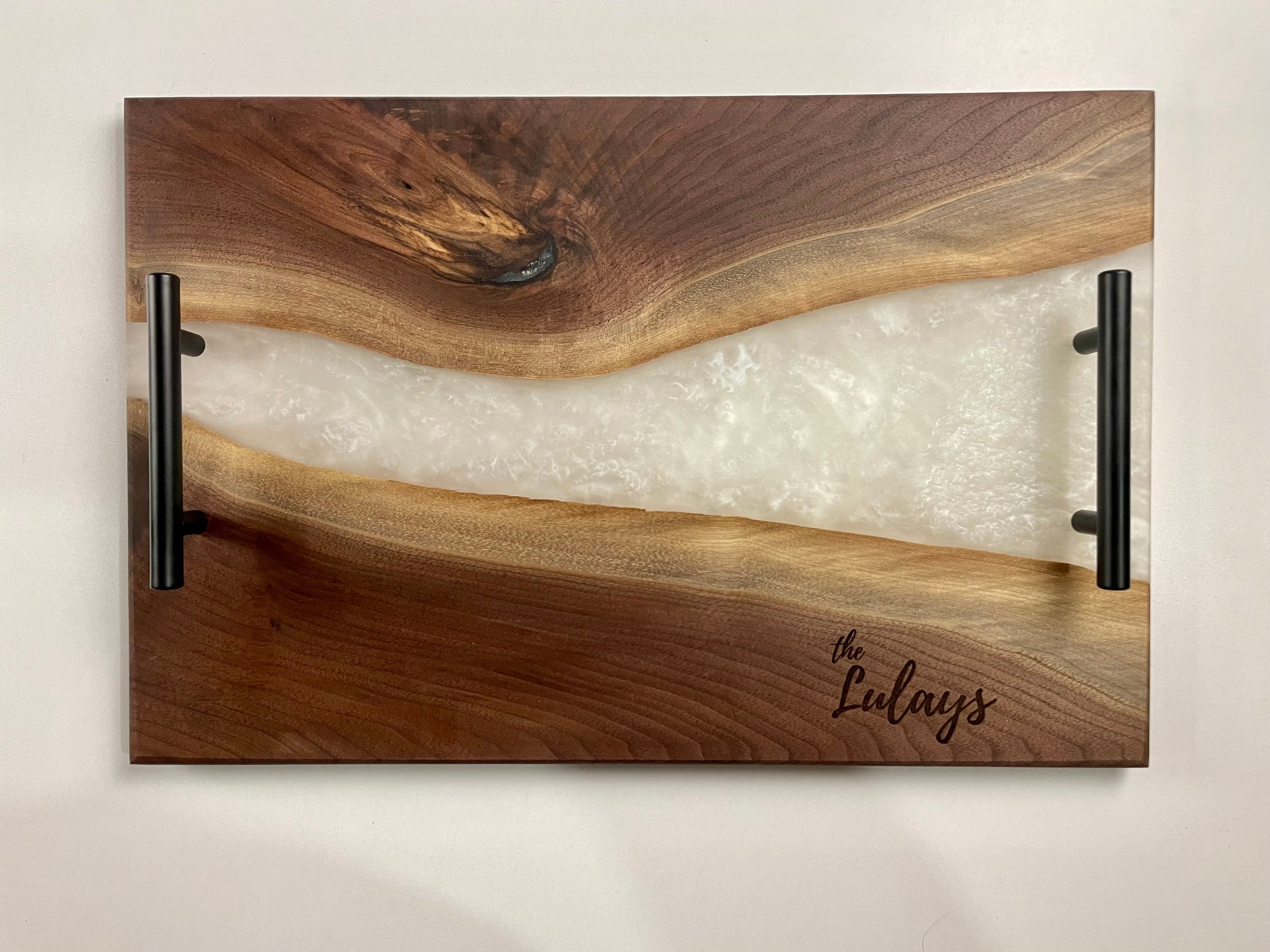 Large Personalized Black Walnut & Epoxy Live Edge Serving Board With Handles (In Stock)