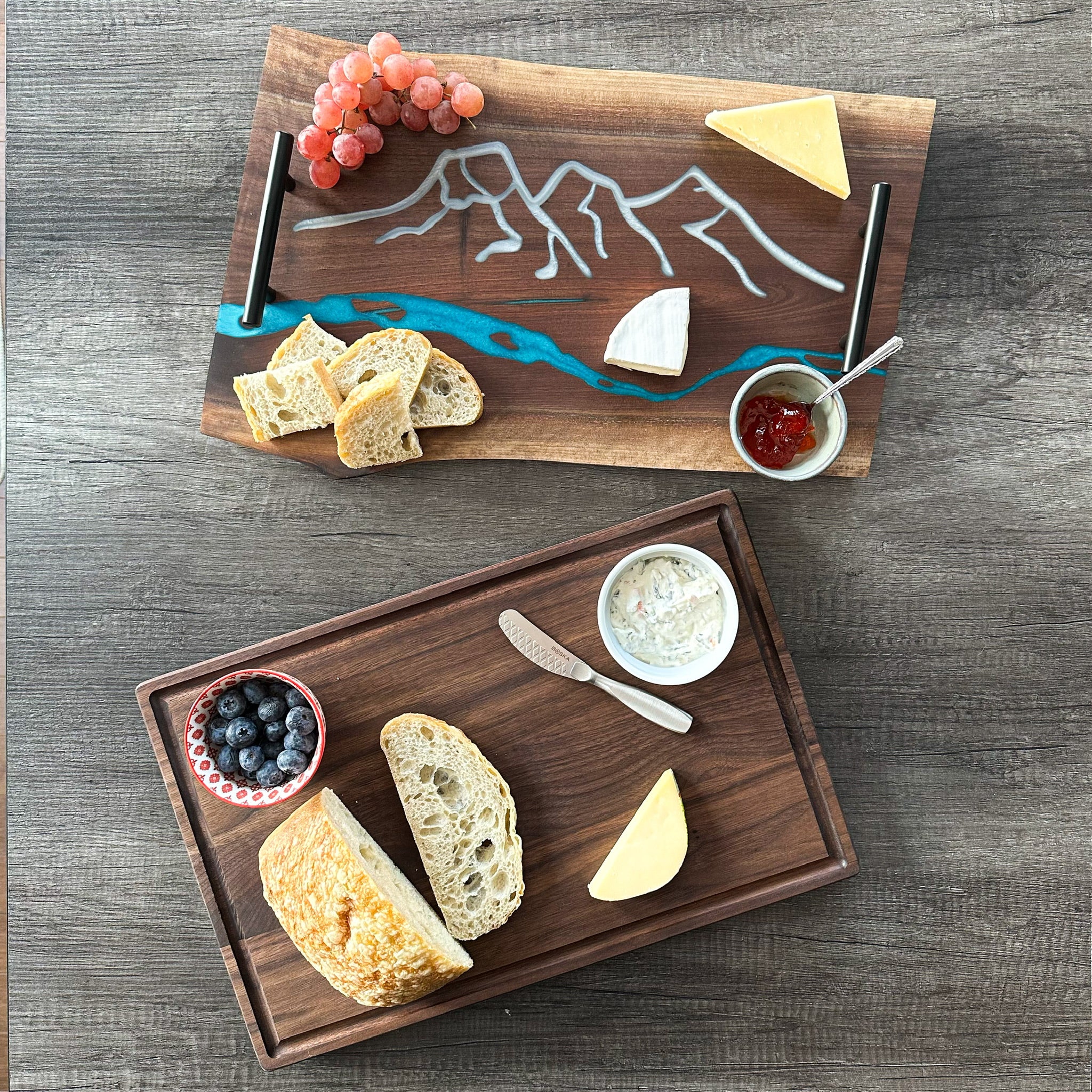 3 Sisters Mountain River Charcuterie Epoxy and Black Walnut Double Live Edge Serving Tray