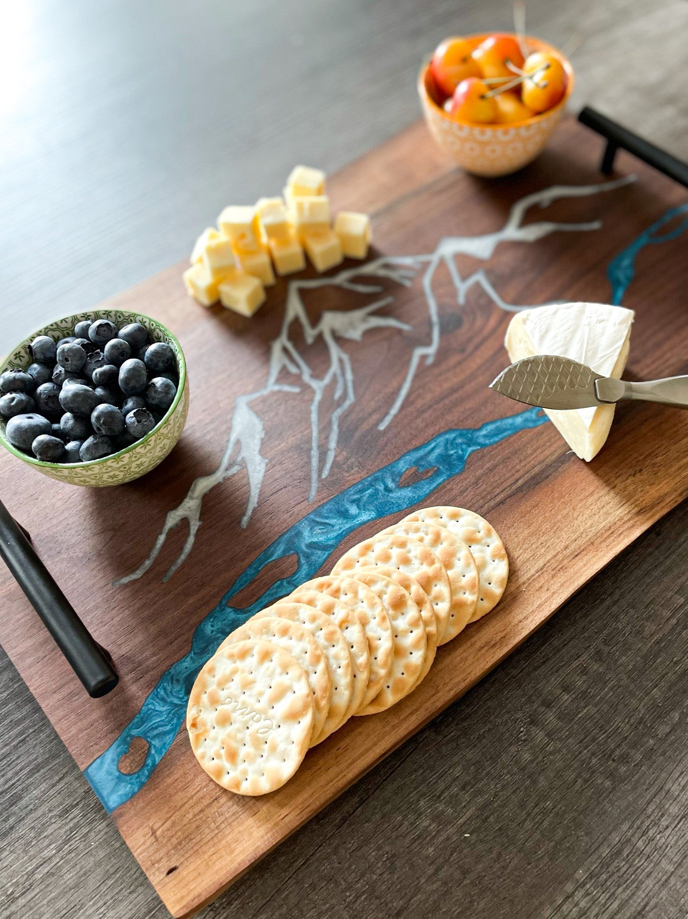 Mountain River Charcuterie Epoxy and Black Walnut Double Live Edge Serving Tray