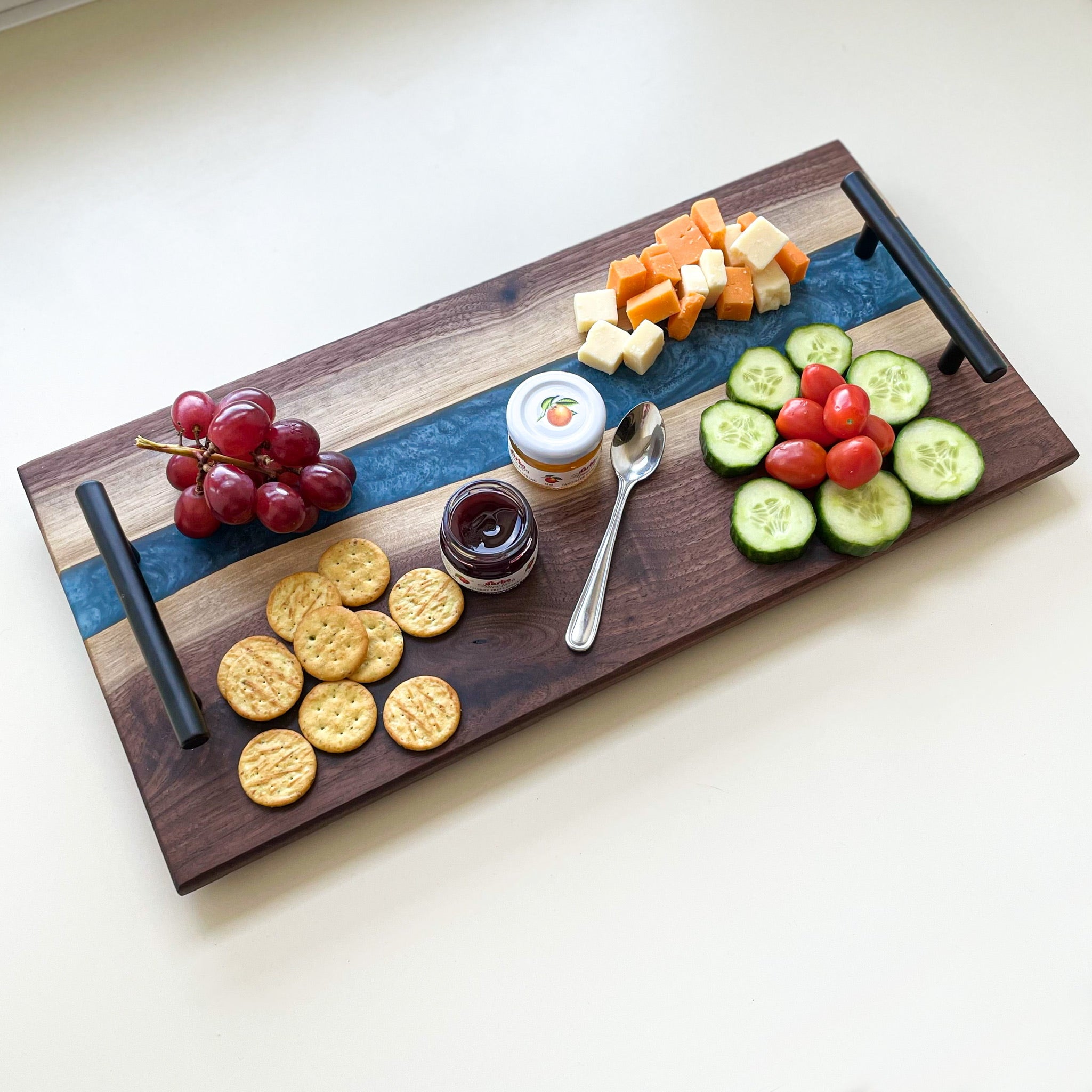 Personalized Black Walnut & Epoxy Live Edge Serving Board With Handles