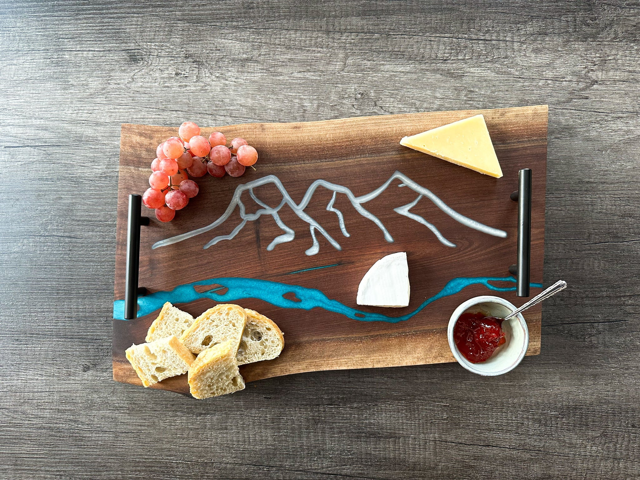 3 Sisters Mountain River Charcuterie Epoxy and Black Walnut Double Live Edge Serving Tray