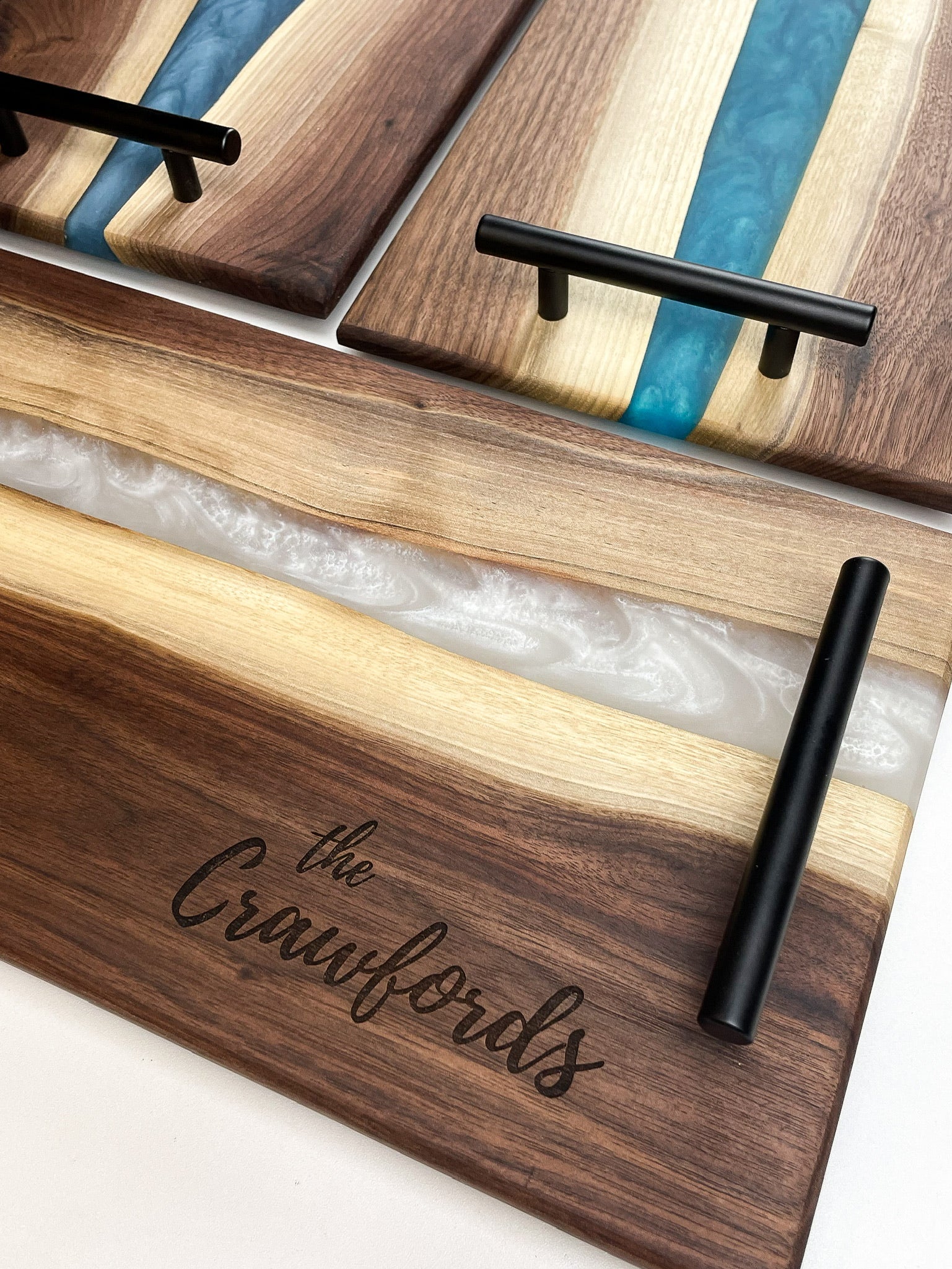 Personalized Black Walnut & Epoxy Live Edge Serving Board With Handles