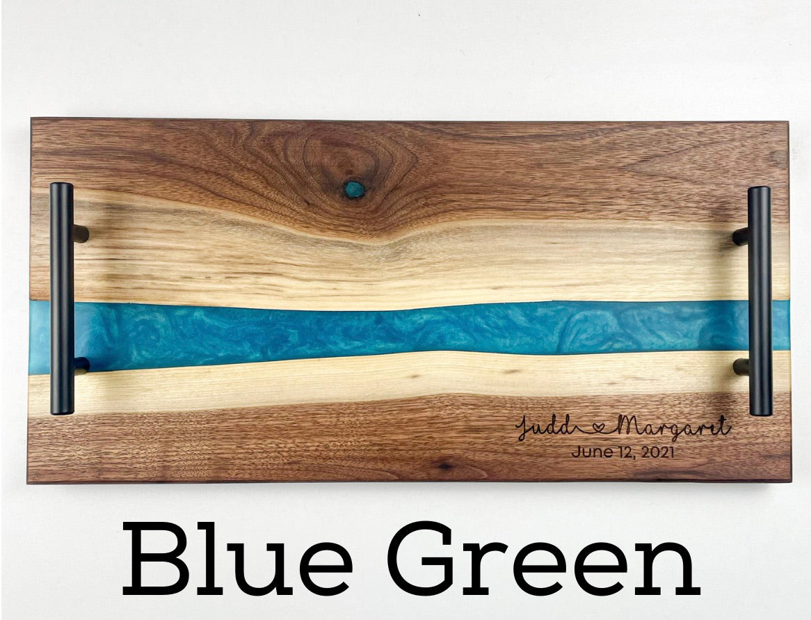 Personalized Black Walnut & Epoxy Live Edge Serving Board With Handles